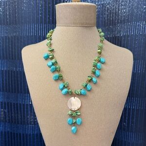 Turquoise and Green Statement Necklace with Shell Pendant